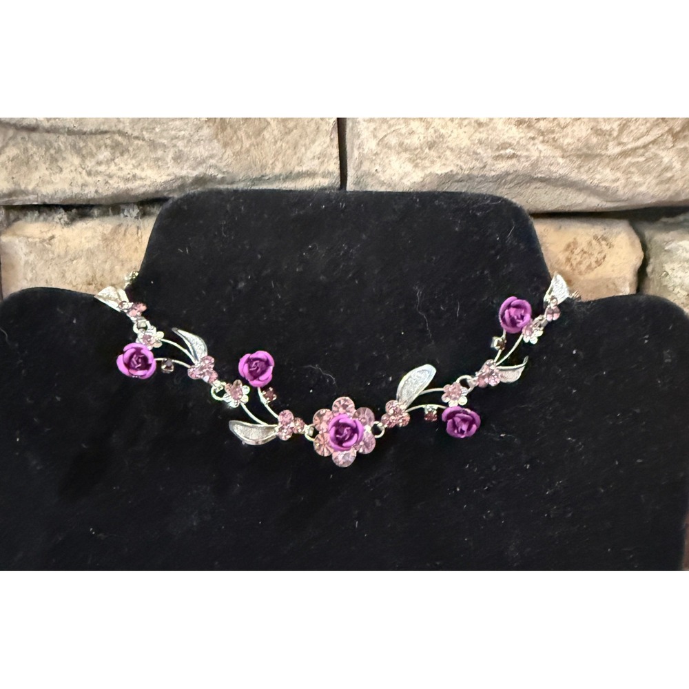 Purple Rose Rhinestone Floral Headband Silver Tone Vine Elastic Hair Accessory